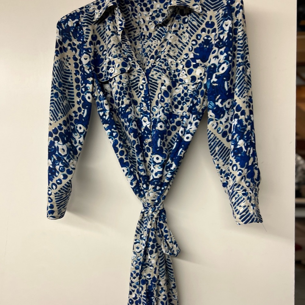 CAbi Blue and Cream Patterned Dress